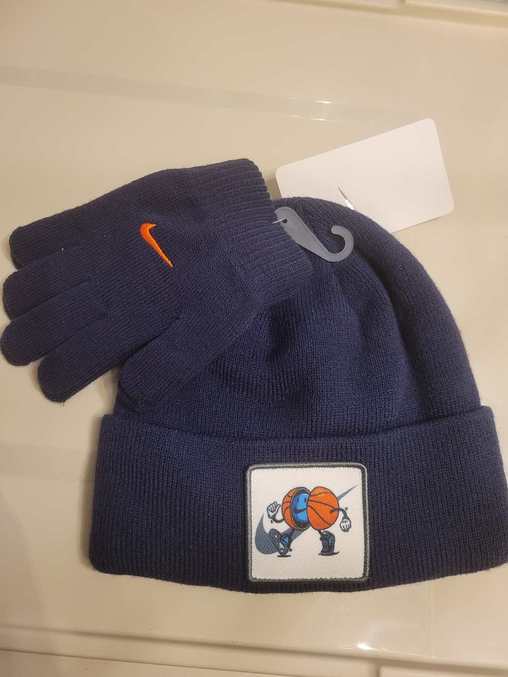 Boys' Nike Navy Beanie and Gloves Set with Orange Swoosh